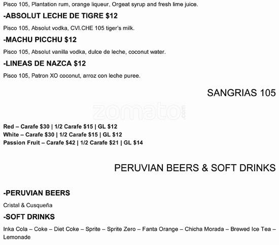 Menu at Ceviche 105 restaurant, Miami