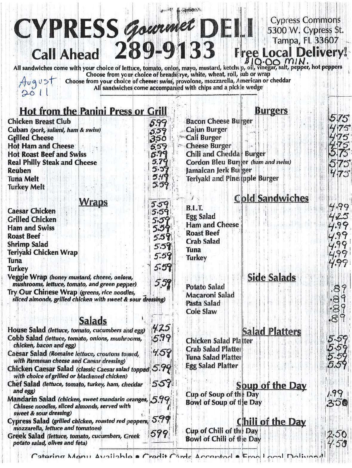 Cypress Gourmet Deli Menu, Menu for Cypress Gourmet Deli, West Shore