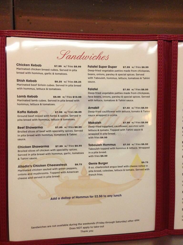 Menu at Aladdin Restaurant, West Reading