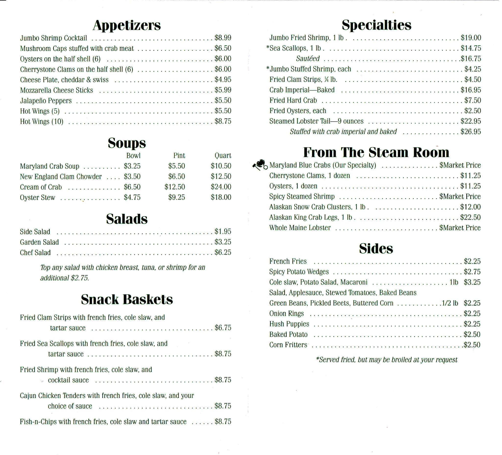 Menu at Chic's Seafood restaurant, Hagerstown