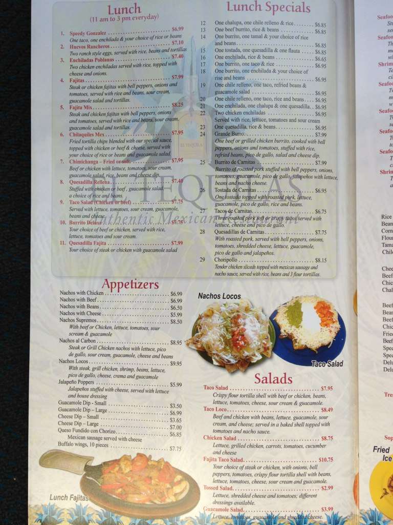 Menu at El Tequila restaurant, Brainerd, Audubon Way