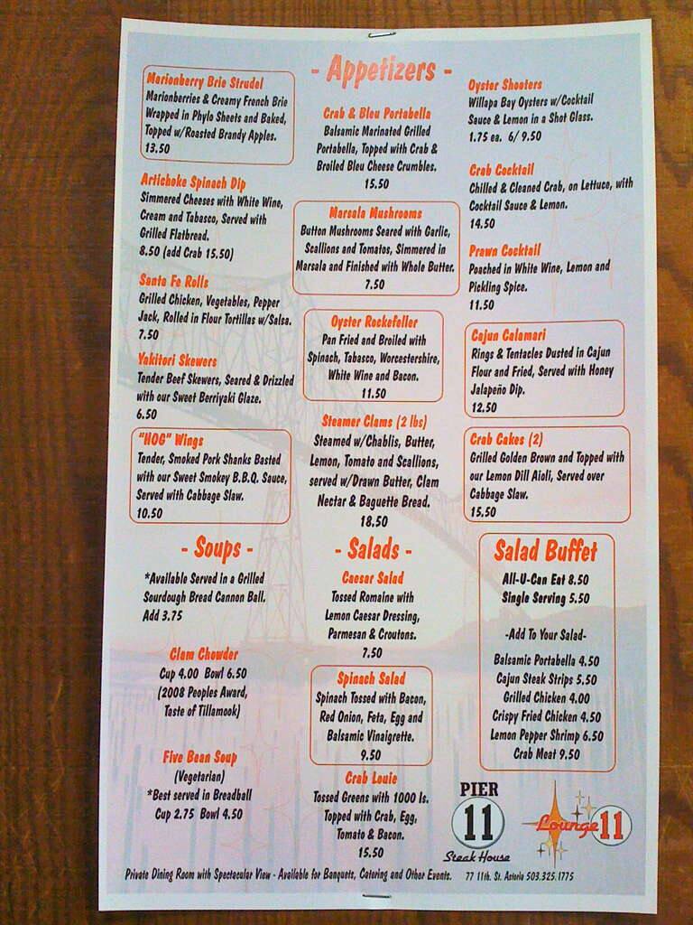 Pier 11 Steakhouse Menu, Menu for Pier 11 Steakhouse, Astoria, Astoria Urbanspoon/Zomato