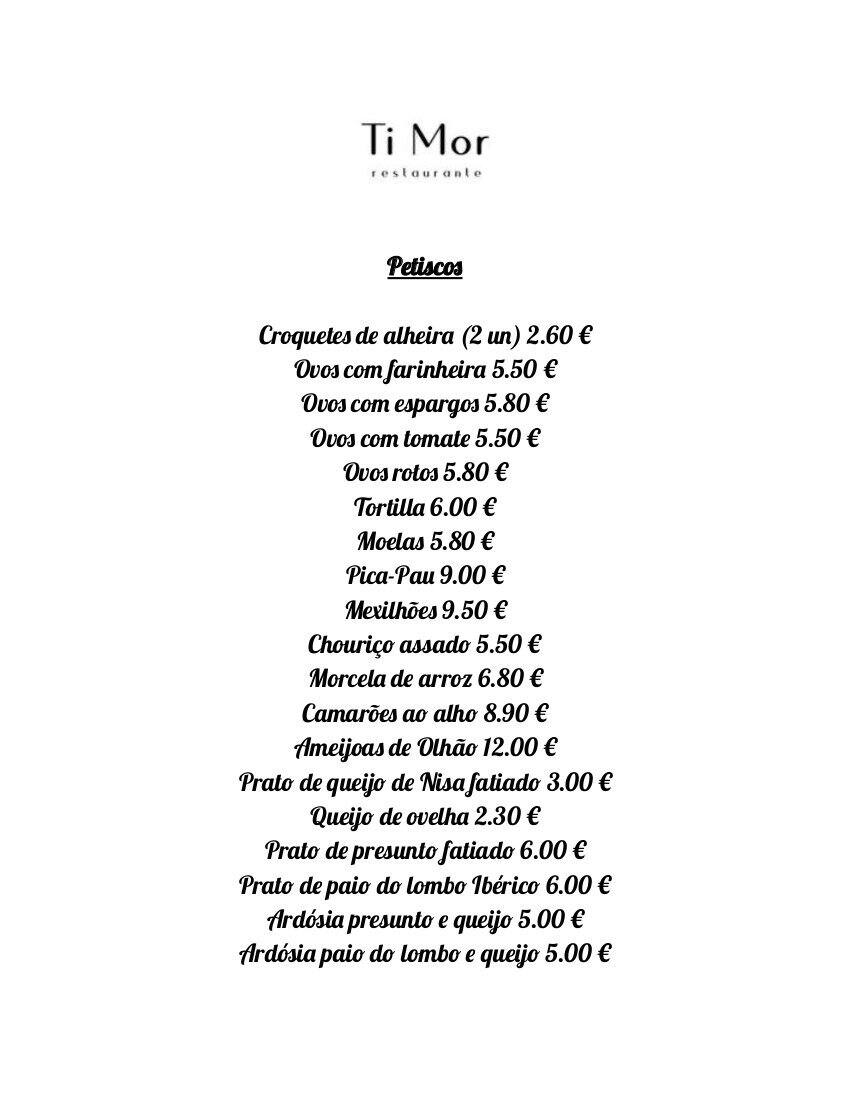 Menu at Ti Mor restaurant, Lisbon