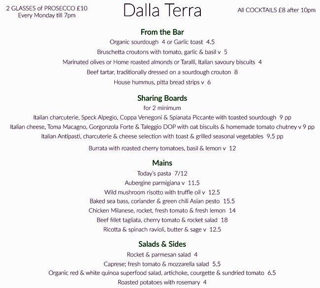 Dalla Terra Menu, Menu for Dalla Terra, Covent Garden, London Zomato UK