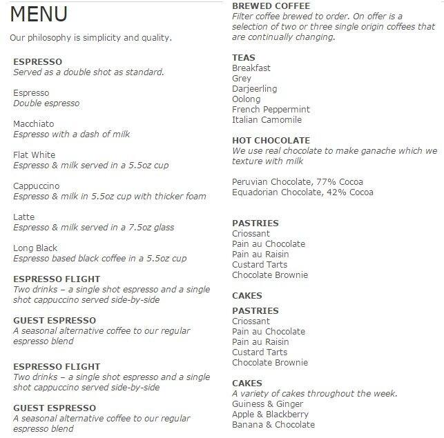 Association Coffee Menu, Menu for Association Coffee, City of London