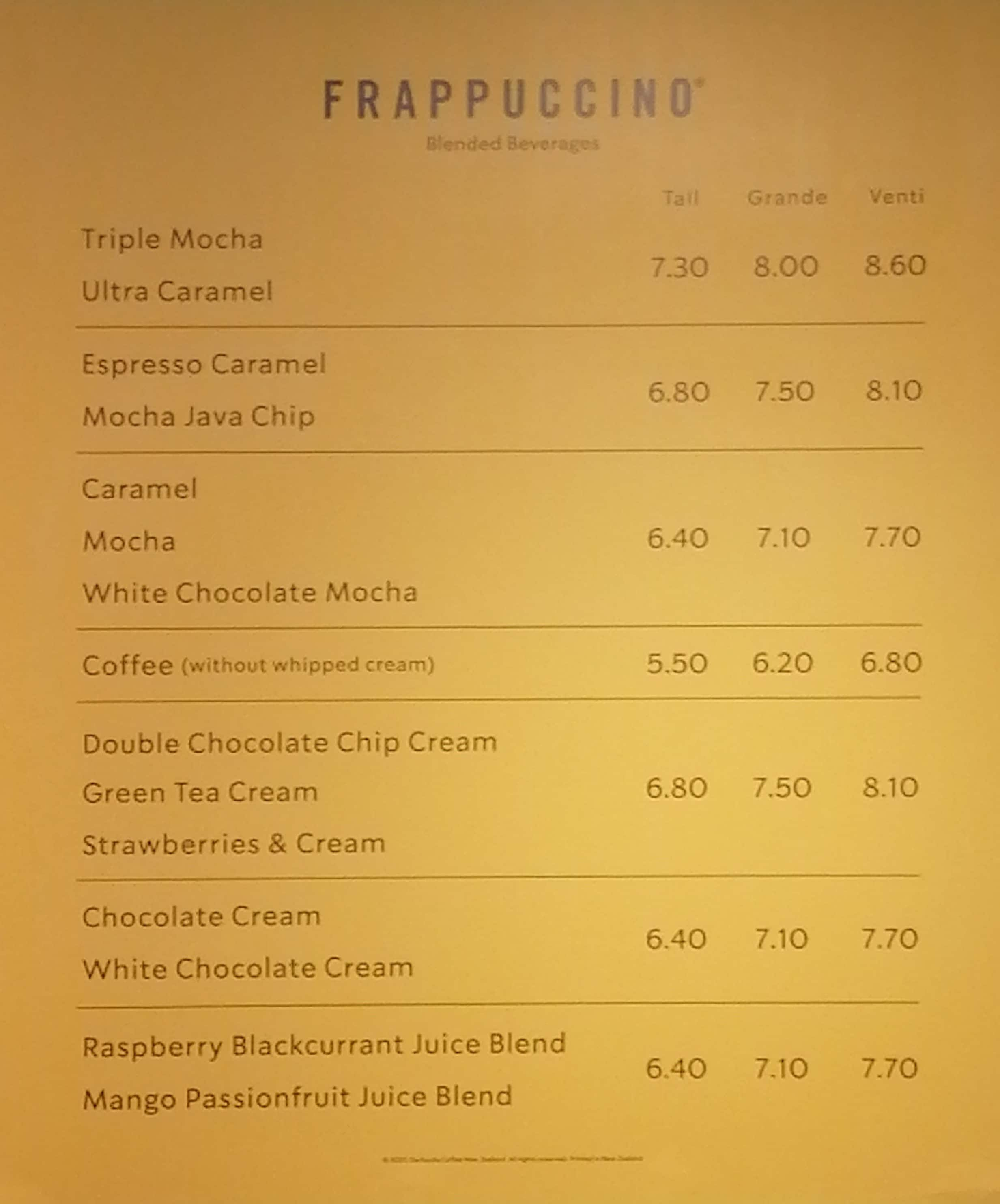 Menu at Starbucks Symonds Street cafe, Auckland, Tenancy G01