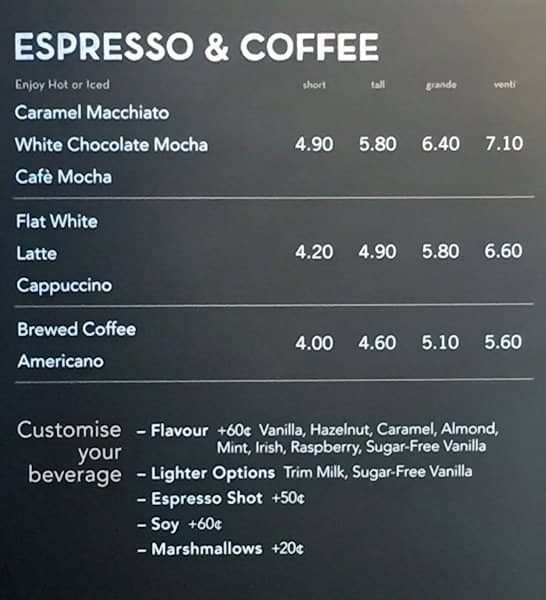 Starbucks Menu, Menu for Starbucks, Massey, Auckland