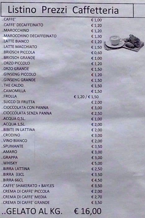 Menu de Panificio Pasticceria Caffetteria Gelateria Mana