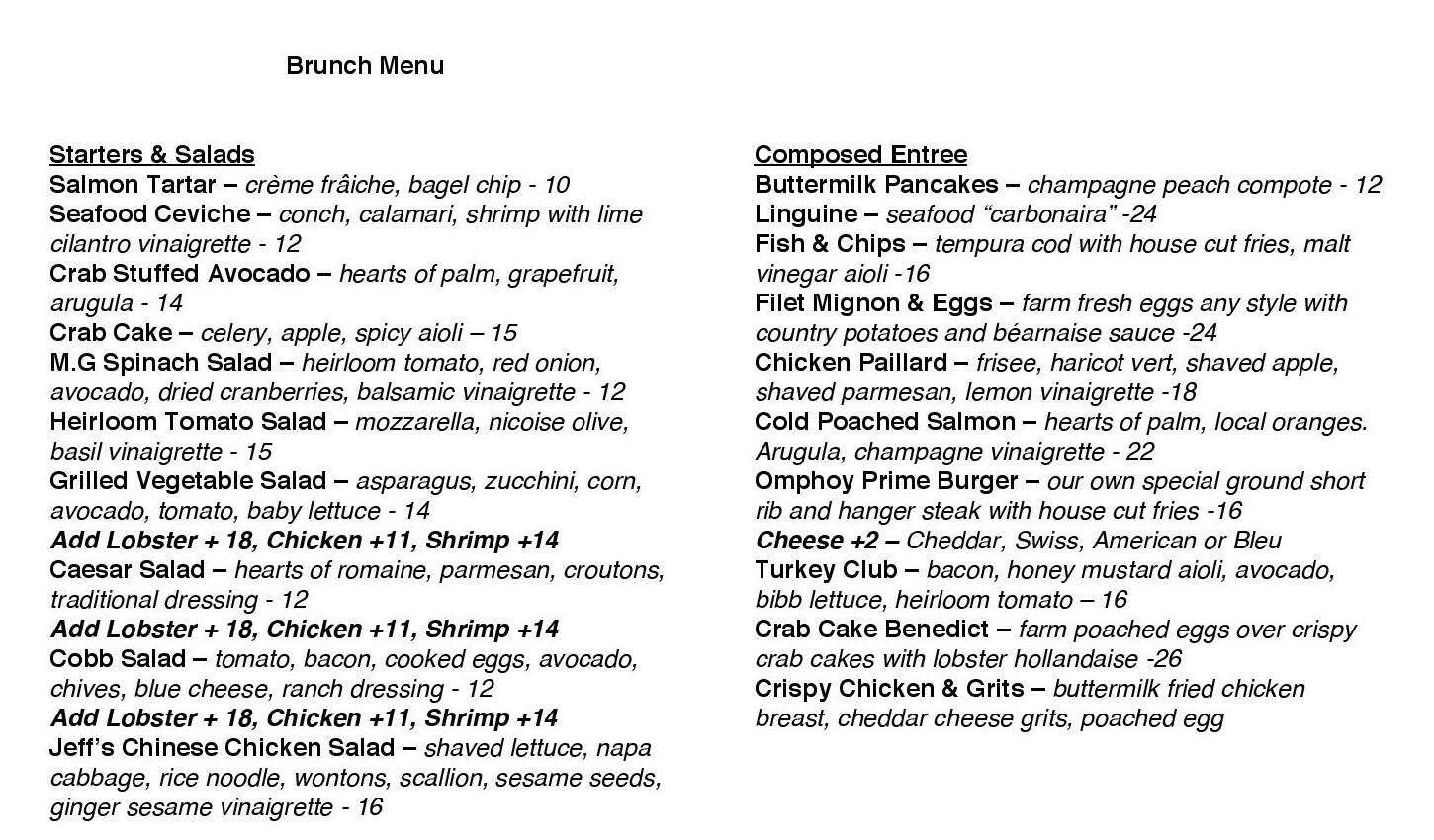 The Terrace Restaurant Menu, Menu for The Terrace Restaurant, Palm