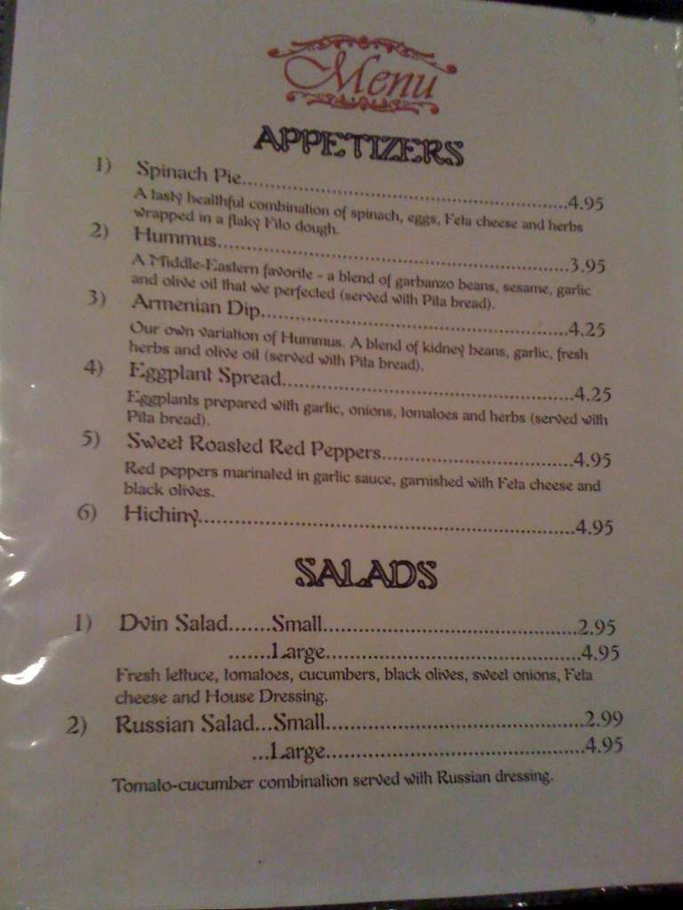 Carta de Dvin Restaurant