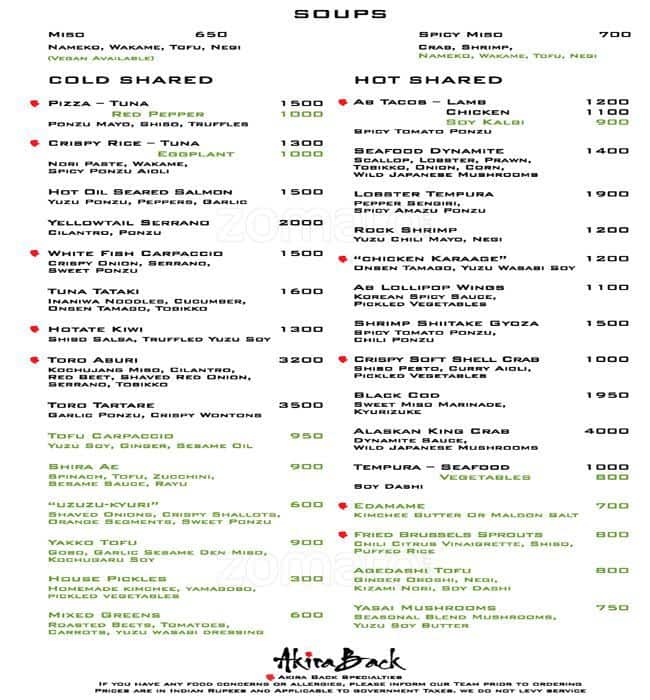 Akira Back JW Marriott New Delhi Menu Zomato