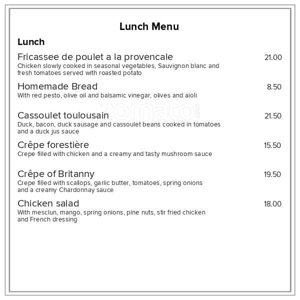 Menu at Cafe Versailles, Tauranga