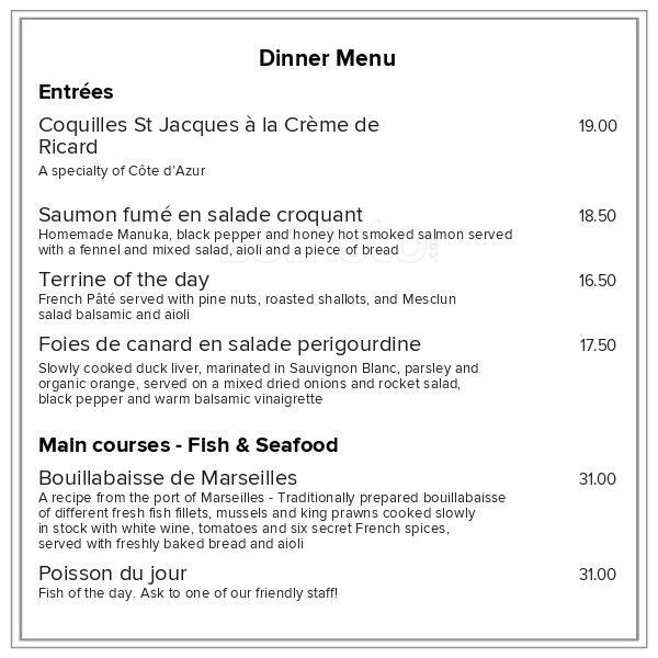 Menu at Cafe Versailles, Tauranga
