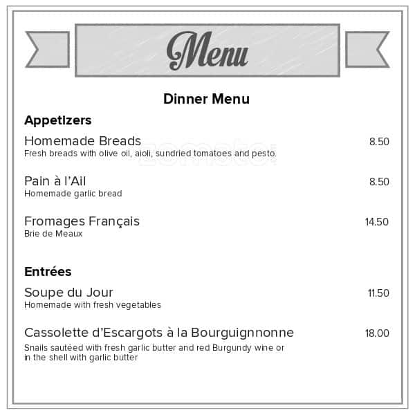 Menu at Cafe Versailles, Tauranga