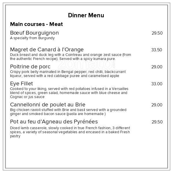 Menu at Cafe Versailles, Tauranga