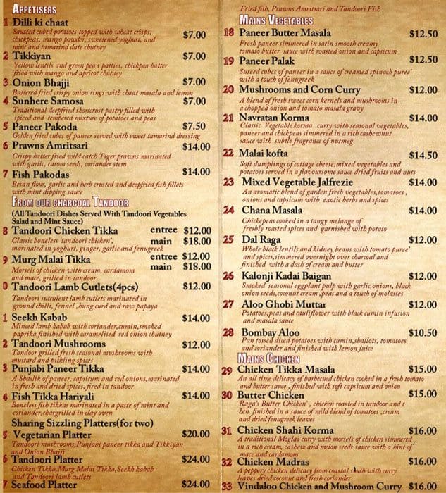 Raga Indian Cuisine Menu, Menu for Raga Indian Cuisine, Williamstown ...