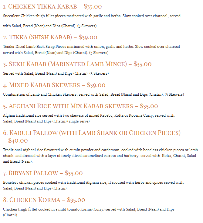 Menu at Afghan Rahimi Restaurant, Dandenong, 2329 Walker St