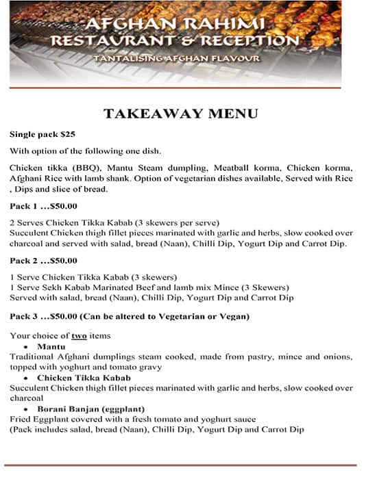 Menu at Afghan Rahimi Restaurant, Dandenong, 2329 Walker St