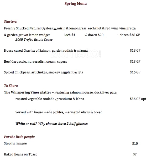 Carta de Whispering Vines Cafe, Dromana