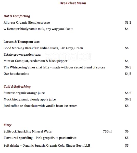 Carta de Whispering Vines Cafe, Dromana