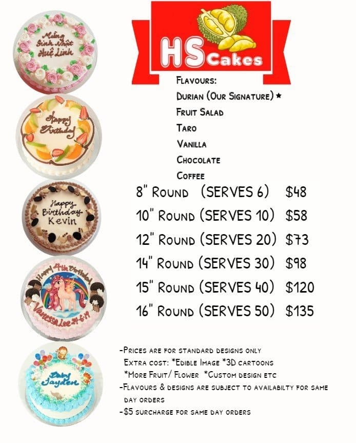 Menu at HS Cakes Springvale Durian Signature, Springvale