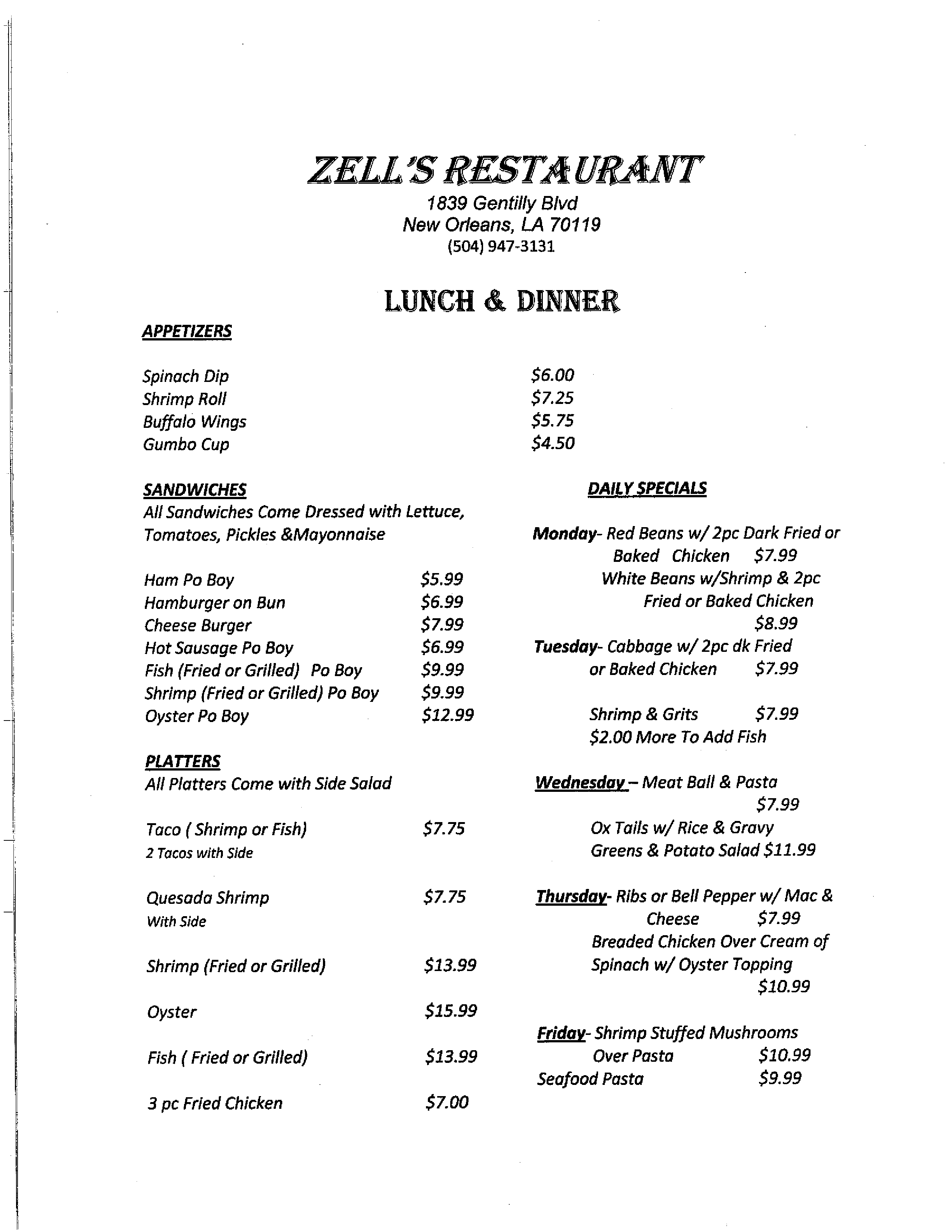 Carta de Zell's Restaurant, Nueva Orleans