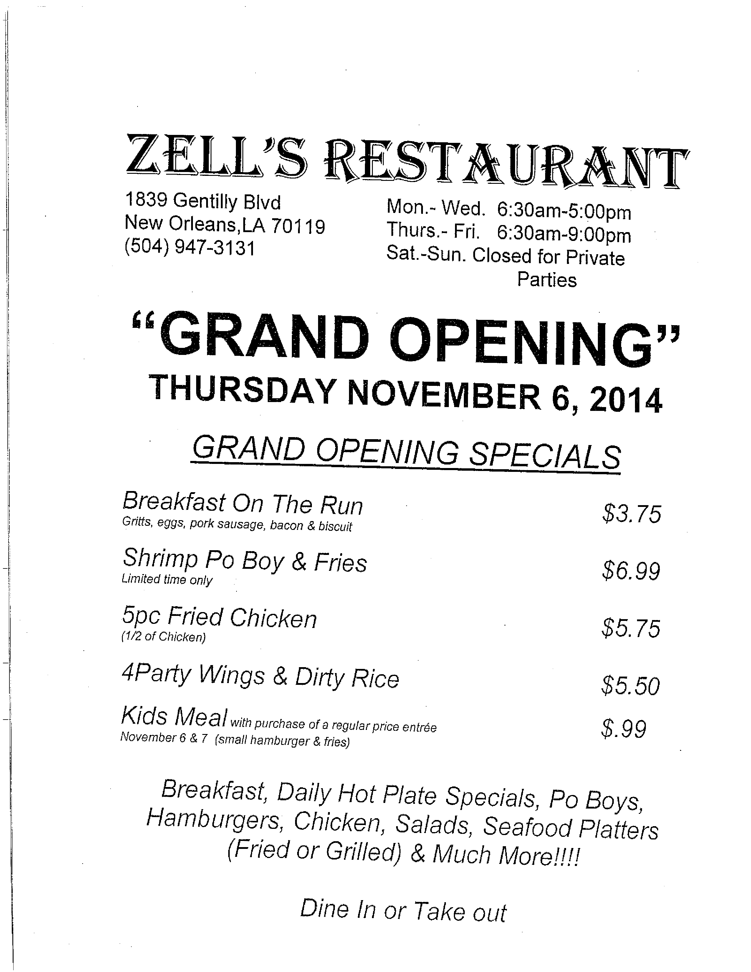 Zell's Restaurant Menu, Menu for Zell's Restaurant, Seventh Ward, New
