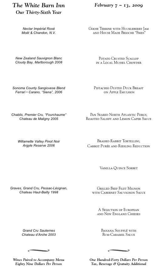 Menu at White Barn Inn, Auberge Resorts Collection, Kennebunk, 37 Beach Ave