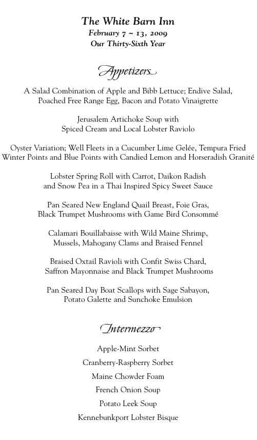 Menu At White Barn Inn Kennebunk