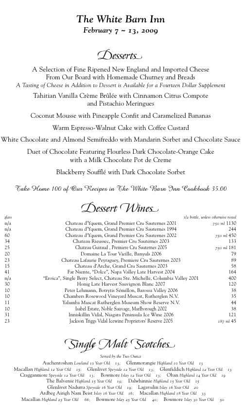 Menu at White Barn Inn, Auberge Resorts Collection, Kennebunk, 37 Beach Ave