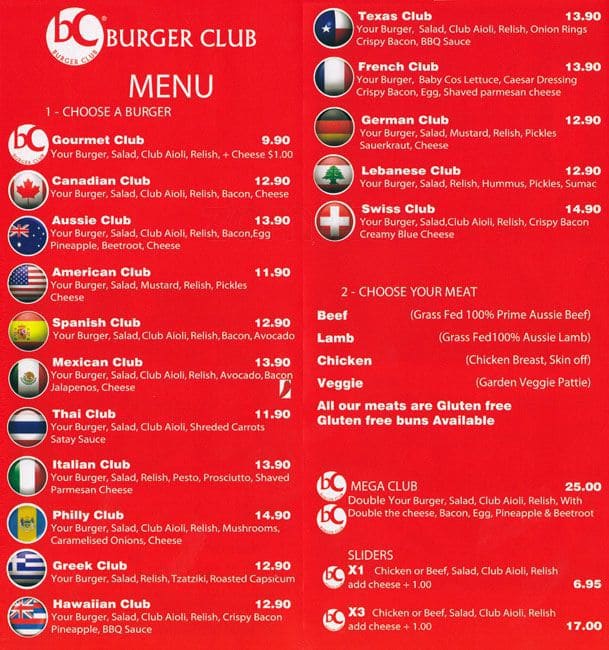 Burger Club Menu, Menu for Burger Club, Mawson Lakes, Adelaide