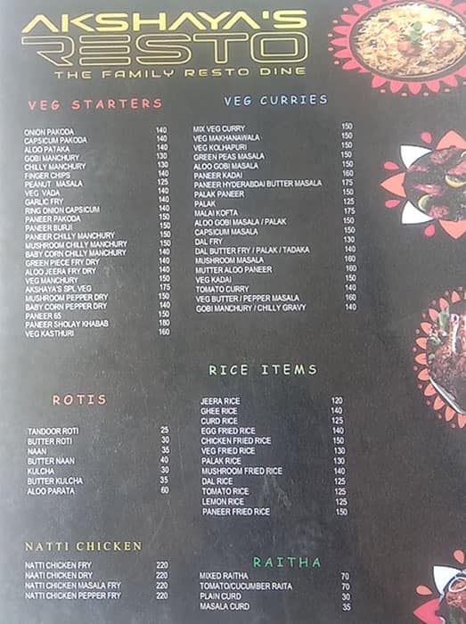 Menu at Akshya Family Restaurant, Bengaluru, Avalahalli