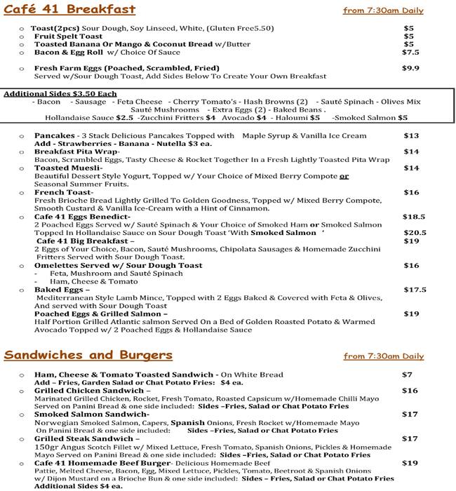 Cafe 41 on Rochester Menu, Menu for Cafe 41 on Rochester, Homebush