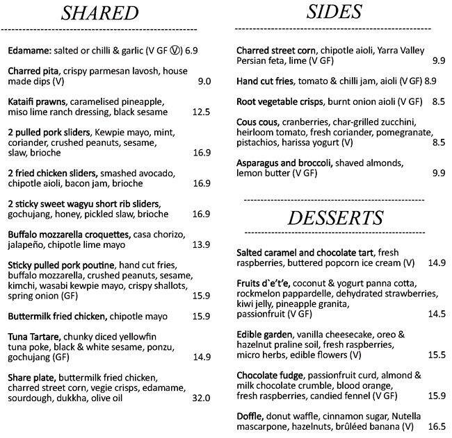 Menu at Coco Lounge restaurant, Glen Waverley