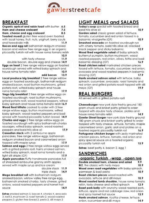 Menu at Gawler Street Cafe, Mount Barker