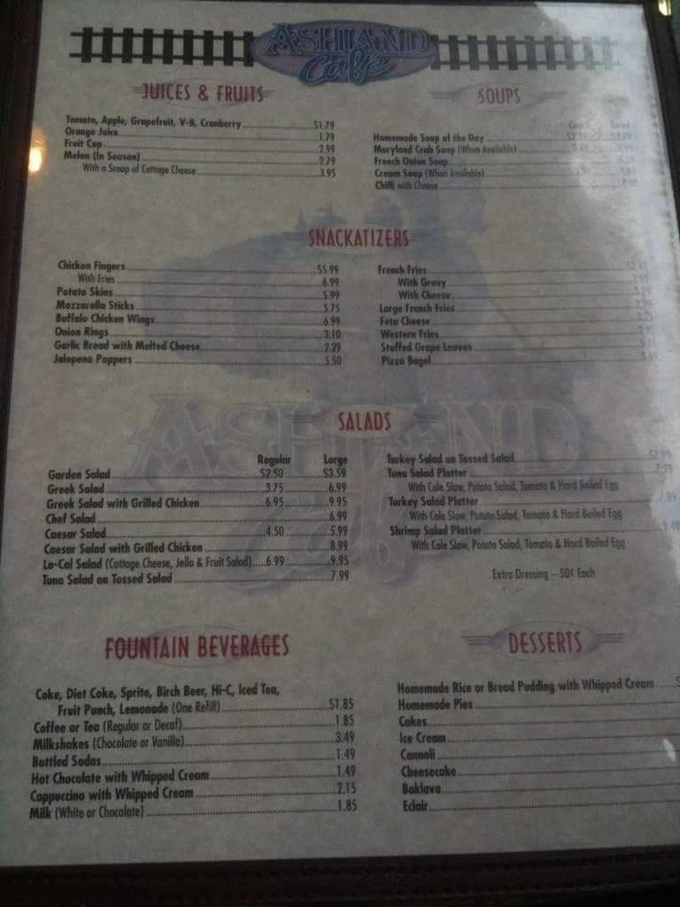 Menu at Ashland Cafe, Cockeysville