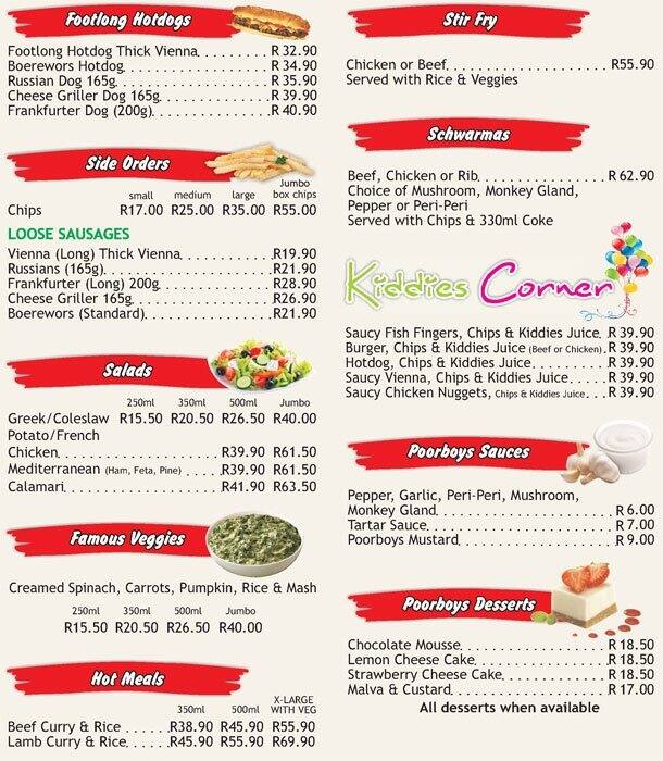 Menu at Poorboys restaurant, Akasia, Sinoville