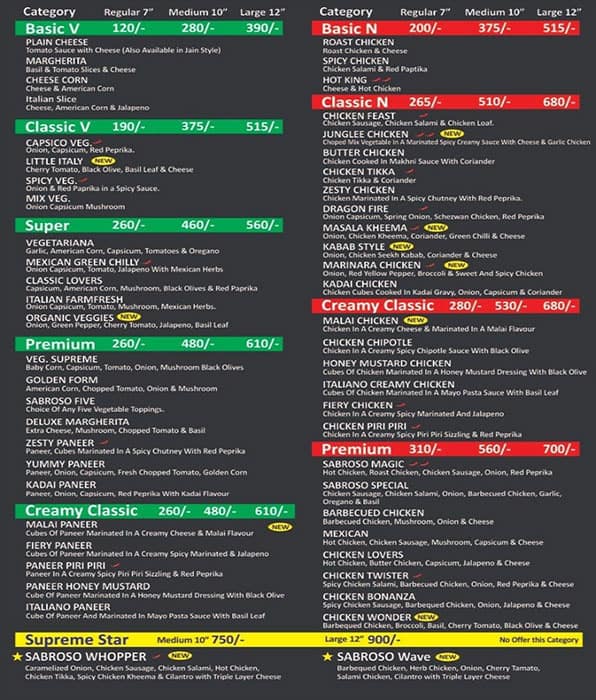 Menu of Pizza Sabroso, Nalasopara, Mumbai