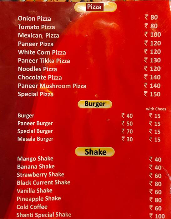 New Shanti Restaurant menu