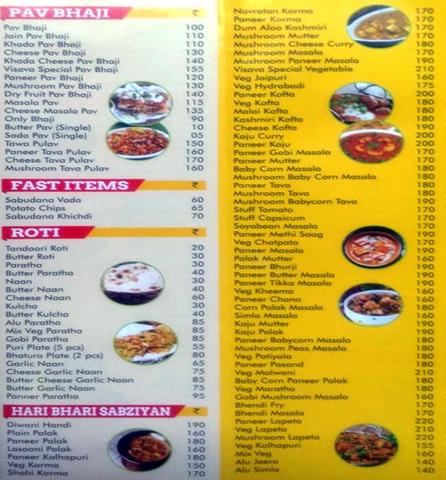 Visava Pure Vegetarian menu