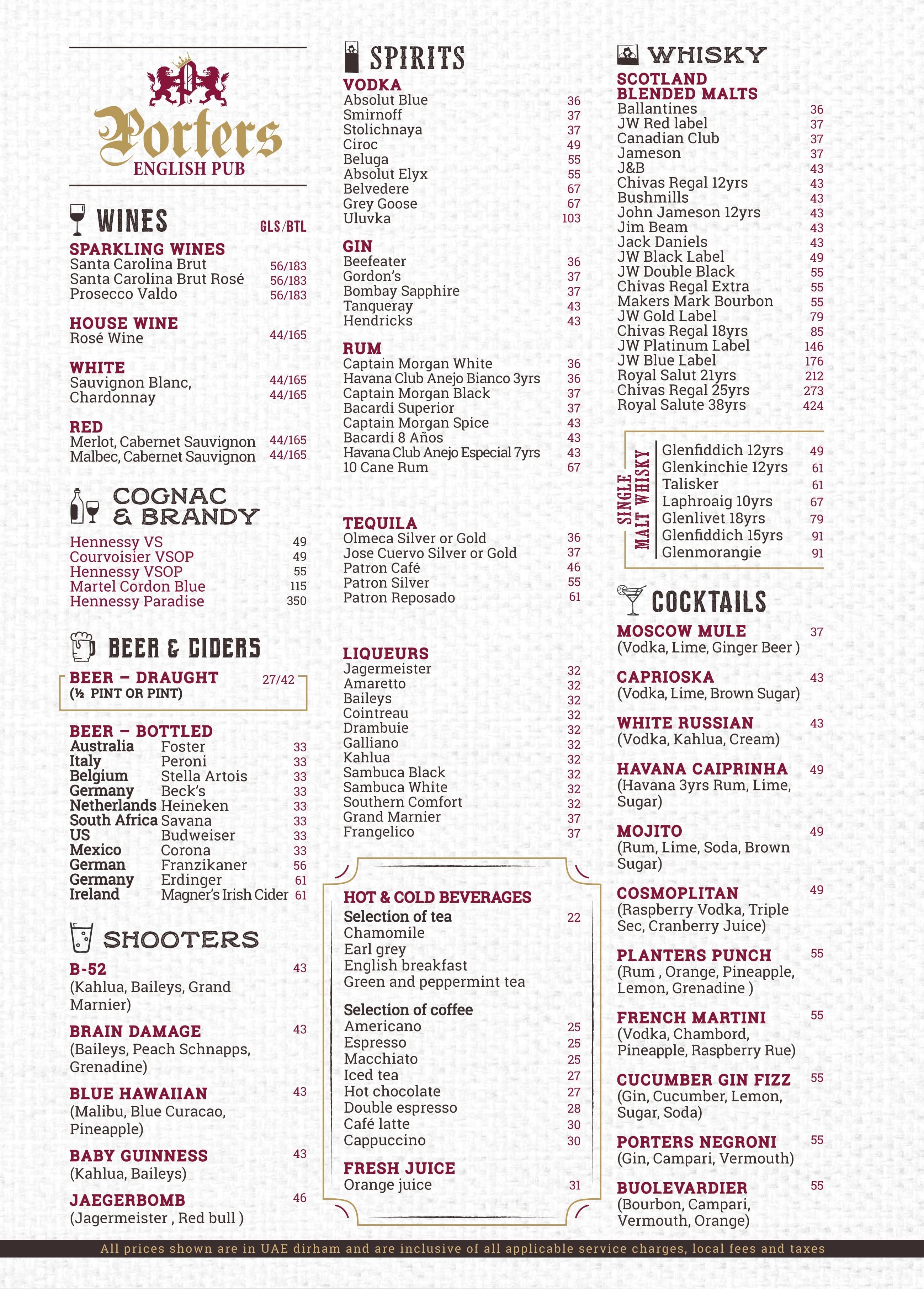 Porters English Pub Menu Menu For Porters English Pub Al Wahda