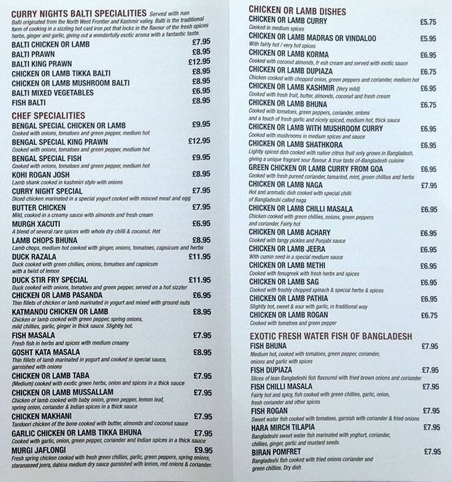 Menu at Curry Nights restaurant, London, 58 Chamberlayne Rd