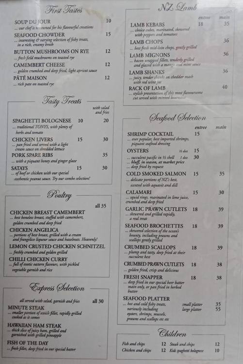 Menu at Tony's Lord Nelson steakhouse, Auckland