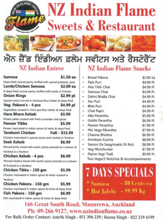 NZ Indian Flame Sweets & Restaurant Menu Menumania/Zomato
