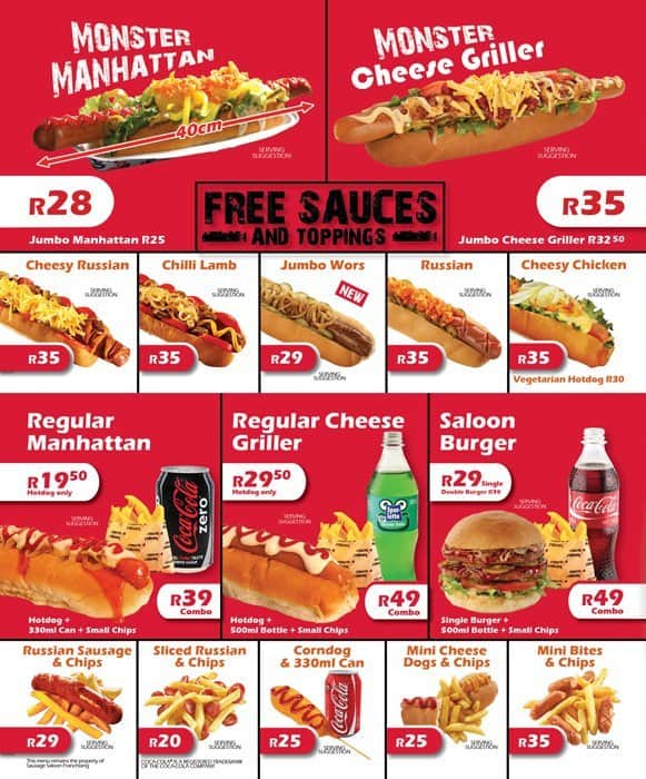 Sausage Saloon Menu, Menu for Sausage Saloon, Centurion CBD, Pretoria