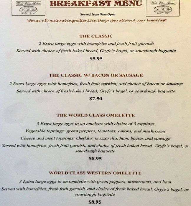 World Class Bakers Menu, Menu for World Class Bakers, Forest Hill