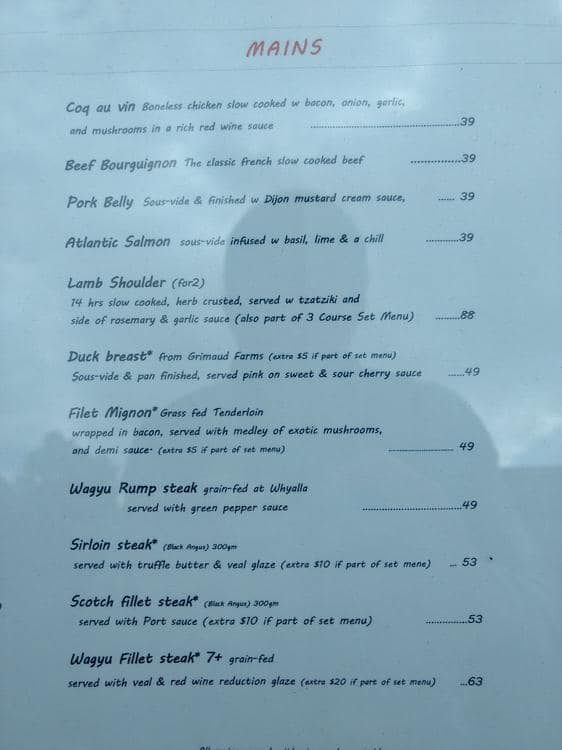 Menu at La Grillade steakhouse, Crows Nest, 118 Alexander St