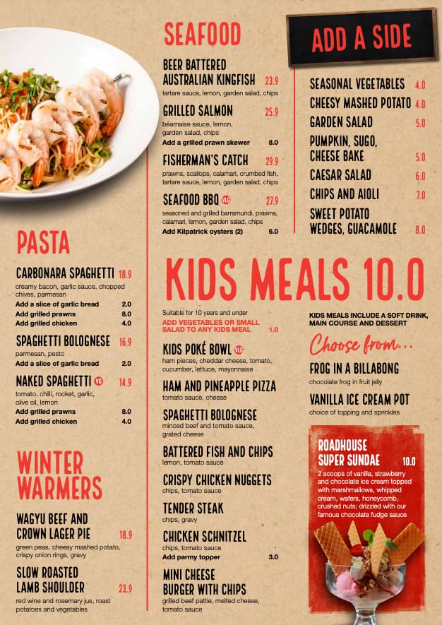 Menu at The Jindalee Hotel cafe, Brookfield