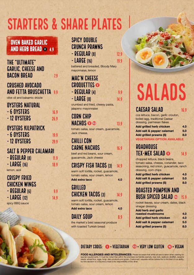 Menu at The Jindalee Hotel cafe, Brookfield