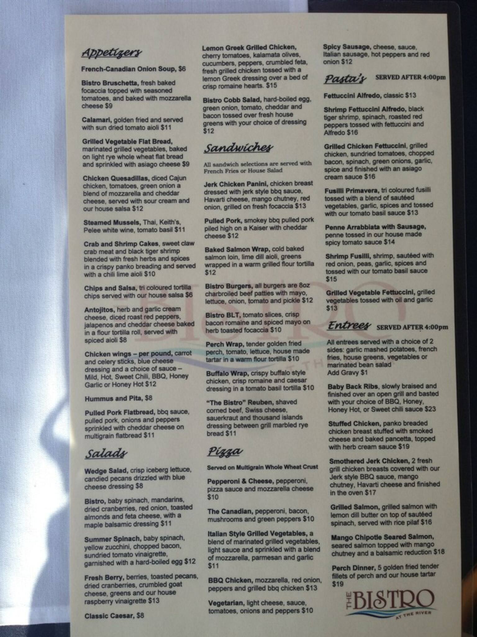 Menu at The Bistro At The River restaurant, Windsor